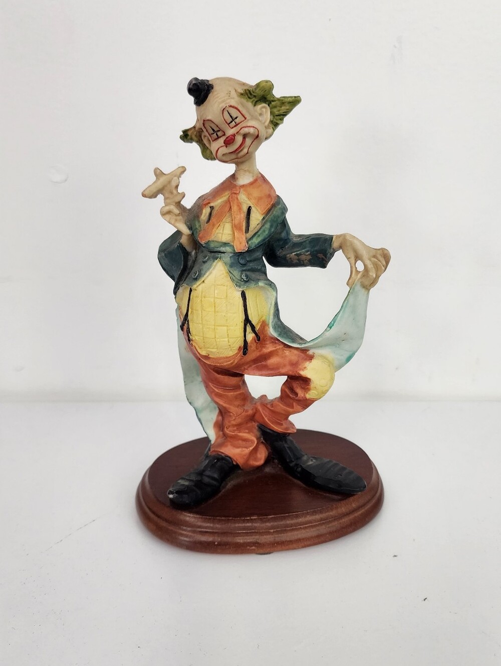 Vintage Satis Clown Figurine W/ Wood Base Replica Belly Smoking Painted Face 6"